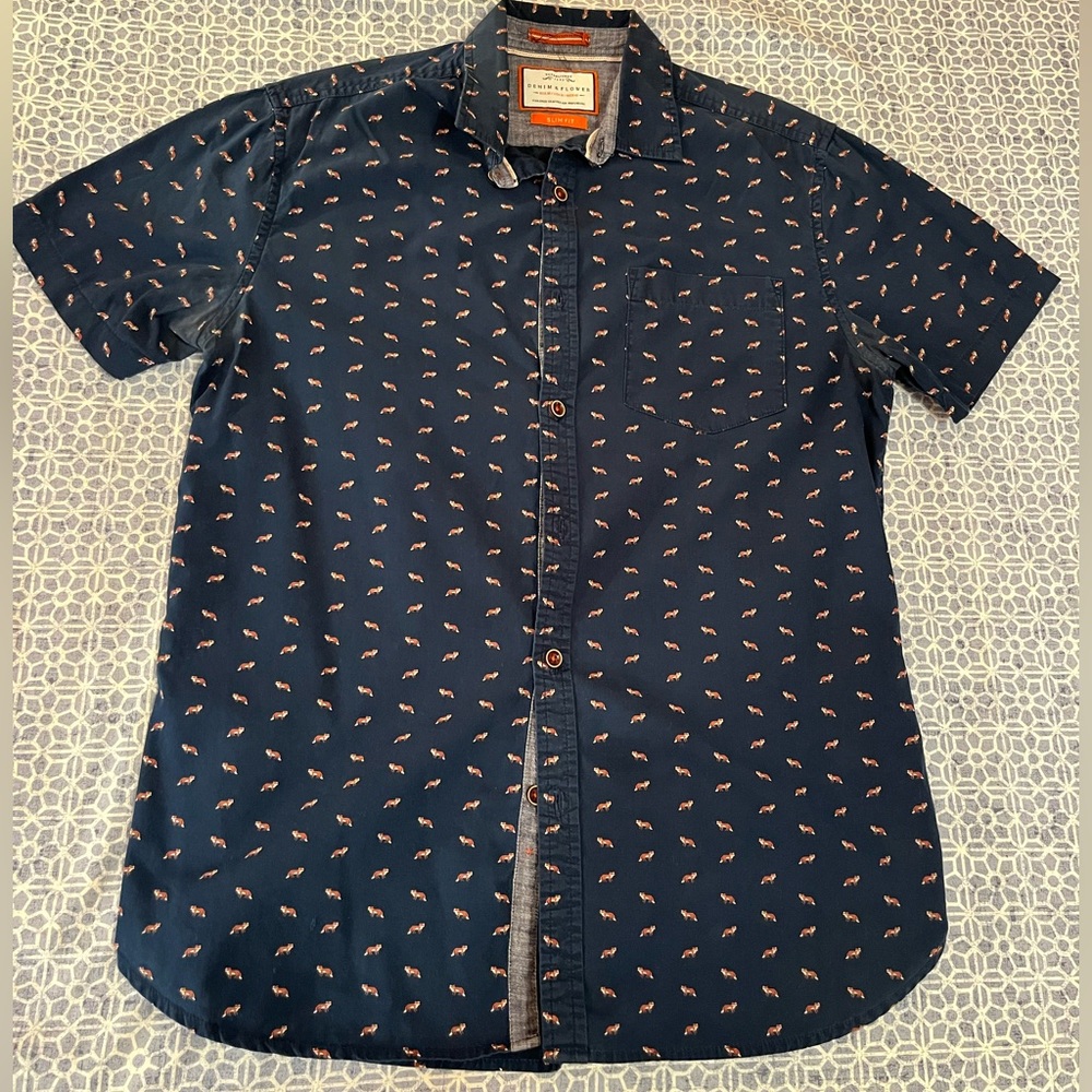 Denim and flower button down fox shirt